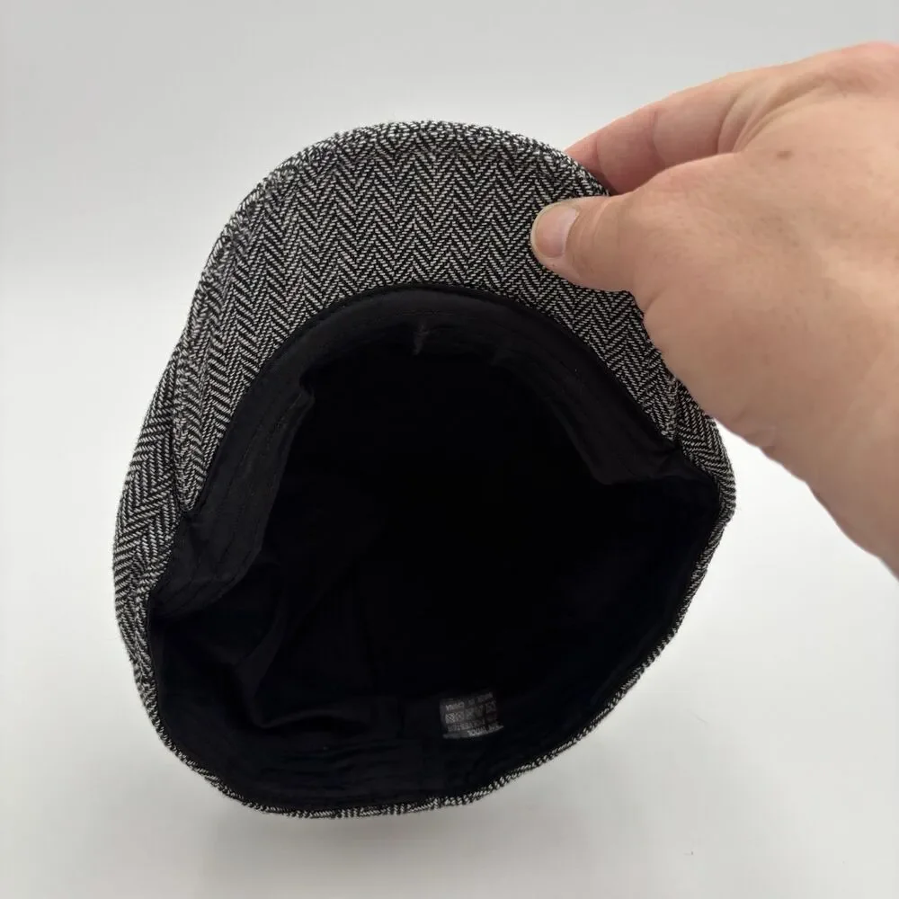 Mens Herringbone Flat Cap Black White 30% Wool Blend Newsboy Ivy Driving Hat
